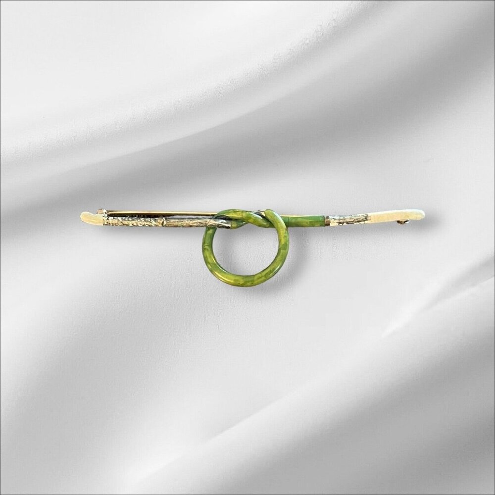 Green Sterling Silver 925 Knot Enamel? Bar Brooch Pin Handmade Antique VTG READ‎